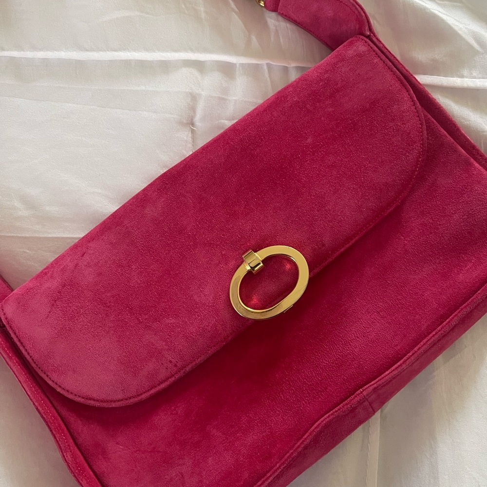 Pink Suede Shoulder Bag with Gold Ring Accent - Picture 2 of 4